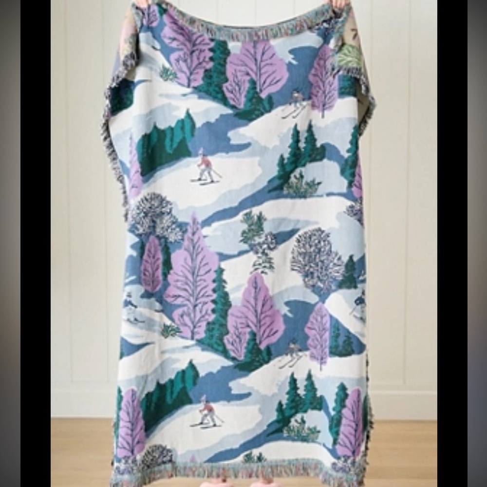 New Anthropologie Winterscape Woven Cotton Throw Blanket Mountain Skiers Rabbit
